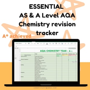 Könnte beinhalten: Eine grün-weiße Tabellenkalkulation auf einem Laptop-Bildschirm mit dem Titel "AQA Chemistry Year 1 & 2". Die Tabellenkalkulation hat Spalten für "Thema", "Lehrbuch", "Notizen zum Unterricht" und "Wiederholungsnotizen". Die aufgeführten Themen umfassen "Grundlegende Teilchen", "Atomstruktur", "Stoffmenge", "Bindung", "Energetik", "Kinetik" und mehr. Die Tabellenkalkulation ist ein Wiederholungs-Tracker für AQA Chemie.