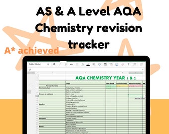 May include: A green and white spreadsheet on a laptop screen titled "AQA Chemistry Year 1 & 2". The spreadsheet has columns for "Topic", "Text Book", "Lesson Notes", and "Revision Notes". The topics listed include "Fundamental Particles", "Atomic Structure", "Amount of Substance", "Bonding", "Energetics", "Kinetics", and more. The spreadsheet is a revision tracker for AQA Chemistry.
