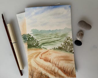 Pintura de paisaje de acuarela de campos de trigo original A5