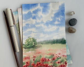 Poppy fields watercolour landscape painting original