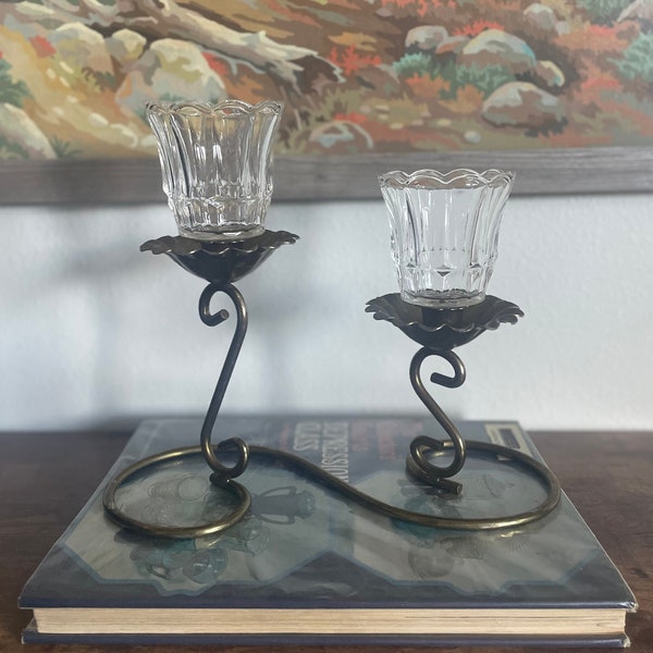 Vintage Brass Candelabra with Clear Glass Votives (set of 3)