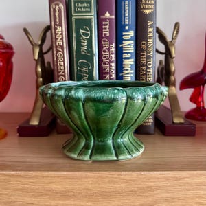 May include: A green ceramic bowl with a fluted design, sitting on a wooden shelf. The bowl is in front of a row of books, including titles like "Anne of Green Gables" and "To Kill a Mockingbird". Decorative deer figurines flank the books.