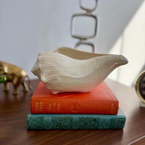 May include: A cream-colored, seashell-shaped ceramic planter sits atop two vintage books with orange and teal covers. The books are stacked on a wooden surface, with a decorative metal sculpture in the background.