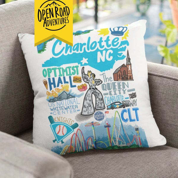 Charlotte NC Decorative Pillow | North Carolina | CLT | Queen City | Carowinds | Knights | Patio Decor | Raleigh | Asheville | Hand Drawn