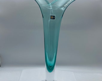 1960's Blenko Hand Blown Glass Vase Sapphire Blue Tulip Fluted Triangular Rim