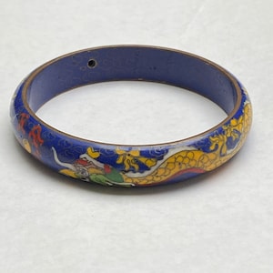 Vintage Chinese Blue Cloisonné Enamel Dragon Brass Bangle Bracelet