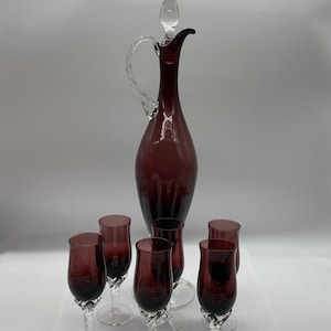 Vintage Empoli Amethist glazen karaf met stop en 6 shotglazen set