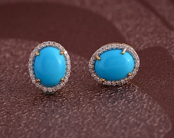 Pendientes ovalados de turquesa azul, plata de ley 925 chapada en oro, regalo de cumpleaños para ella.