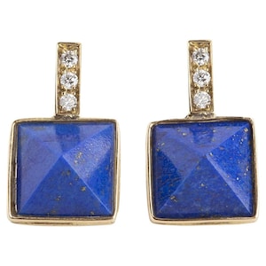 Lapis Lazuli Stud, White CZ Stud Earrings, 925 Sterling Silver Gold Plated Earrings, Square Minimalist Stud Earrings
