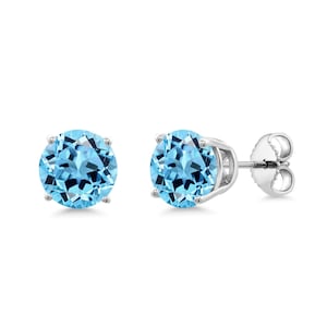 Blue Topaz 7mm Round Solitaire Stud Earrings, Blue Topaz Earrings Sterling Silver, November Birthstone Minimalist Earrings Gift for Her