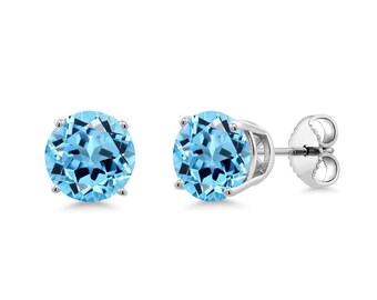 Pendientes de topacio azul redondos de 7 mm con solitario, pendientes de topacio azul en plata de ley, pendientes minimalistas con piedra natal de noviembre, regalo para ella
