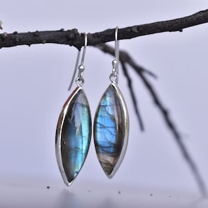 Labradorite Dangle Earrings, Natural Labradorite 20x10mm Marquise Earrings, Labradorite Drop Earrings,925 Sterling Silver Wire Earrings Gift