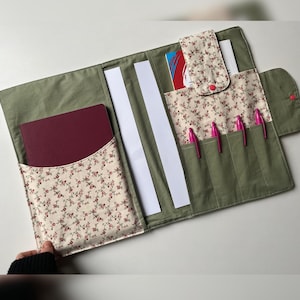 May include: An open, olive green fabric organizer with floral print accents. It features pockets for a passport, cards, pens, and documents. The organizer is designed to keep items secure and organised. The floral print is cream-coloured with red flowers.