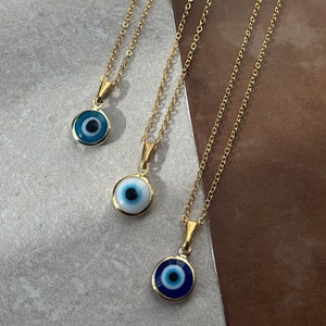 24k gold-plated necklace with Nazar: Evil Eye pendant in dark blue, light blue and white