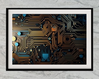 Grote CPU-muurkunst - minimalistisch circuitontwerp, afdrukbare IT-poster, modern technisch decor voor kantoor of thuis, meerdere maten beschikbaar