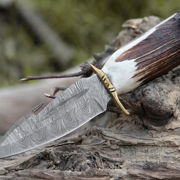 damascus knife with stag antler handle, gift for him, birthday gift, hunting knife, viking knife, Bowie knife, men's gift
