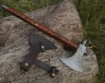 Damascus Hunting axe rose wood handle with leather sheath, gift for him, birthday gift, groomsmen gift, handmade axe