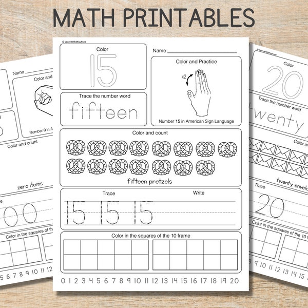 Number worksheets, 0-20 printables, ASL numbers, counting, 10 frames, math, preschool, kindergarten, US letter size, printable download