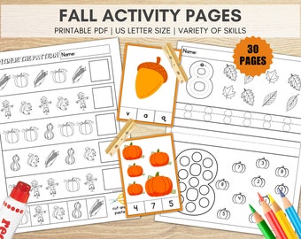 Pagine di attività autunnali stampabili, fogli di lavoro per matematica e alfabetizzazione Pagine di apprendimento per l'istruzione prescolare ed elementare Pagine di tracciamento dei numeri delle lettere