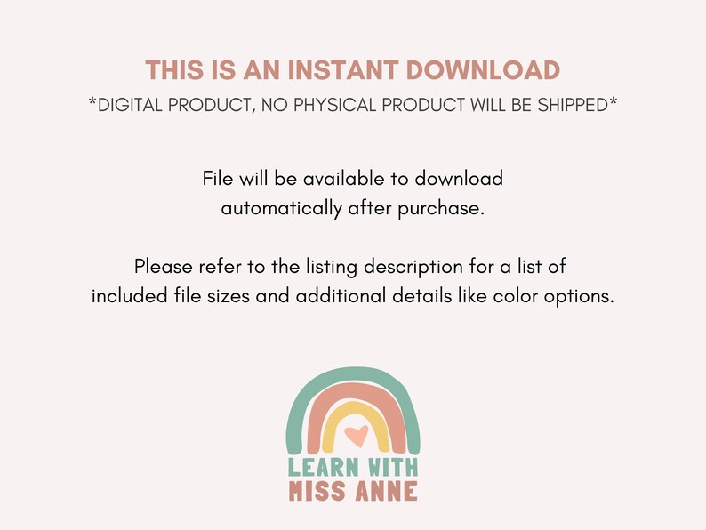 K&ouml;nnte beinhalten: Eine digitale Download-Grafik mit einem Regenbogen und dem Text "LEARN WITH MISS ANNE". Dies ist ein sofortiger Download, es wird kein physisches Produkt versandt.