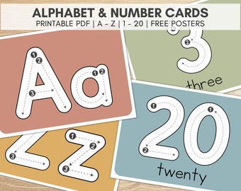 Flashcard con alfabeto e numeri per la scuola dell'infanzia e della scuola materna, esercizi di tracciamento e formazione di lettere per bambini, scrittura di numeri per bambini