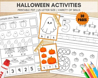 Pagine di attività stampabili per Halloween autunnale, fogli di lavoro per matematica e alfabetizzazione, stampabili per la scuola materna, fogli di attività per la scuola materna con lettere e numeri