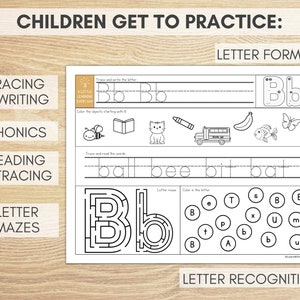 K&ouml;nnte beinhalten: Schwarzwei&szlig;es Arbeitsblatt zum Ausdrucken f&uuml;r Kinder, um die Buchstabenbildung, die Phonetik, das Lesen und das Nachzeichnen des Buchstabens B zu &uuml;ben. Das Arbeitsblatt enth&auml;lt &Uuml;bungslinien, Wortbildung, Buchstabenlabyrinthe und Buchstaben-Erkennungsaktivit&auml;ten.