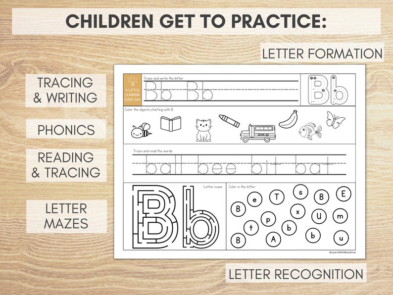 K&ouml;nnte beinhalten: Schwarzwei&szlig;es Arbeitsblatt zum Ausdrucken f&uuml;r Kinder, um die Buchstabenbildung, die Phonetik, das Lesen und das Nachzeichnen des Buchstabens B zu &uuml;ben. Das Arbeitsblatt enth&auml;lt &Uuml;bungslinien, Wortbildung, Buchstabenlabyrinthe und Buchstaben-Erkennungsaktivit&auml;ten.