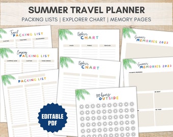 Planner di viaggio estivo modificabile, lista dei bagagli da viaggio, lista dei campeggi, carta Explorer, ricordi, sfida all’aperto, lista modificabile per il viaggio
