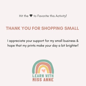 K&ouml;nnte beinhalten: Eine Dankesbotschaft mit einer Regenbogengrafik und dem Text "LEARN WITH MISS ANNE". Die Botschaft lautet "THANK YOU FOR SHOPPING SMALL" und "Ich sch&auml;tze Ihre Unterst&uuml;tzung f&uuml;r mein kleines Unternehmen und hoffe, dass meine Drucke Ihren Tag ein wenig heller machen!"