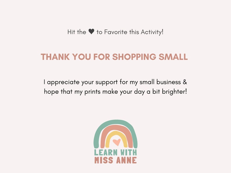 K&ouml;nnte beinhalten: Eine Dankesbotschaft mit einer Regenbogengrafik und dem Text "LEARN WITH MISS ANNE". Die Botschaft lautet "THANK YOU FOR SHOPPING SMALL" und "Ich sch&auml;tze Ihre Unterst&uuml;tzung f&uuml;r mein kleines Unternehmen und hoffe, dass meine Drucke Ihren Tag ein wenig heller machen!"