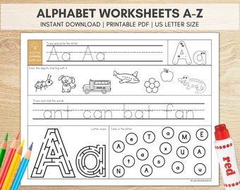 Fogli con alfabeto stampabili per la scuola materna, fogli da ricalco e scrittura per la scuola materna, attività scolastiche a casa, fogli di preparazione per la scuola materna