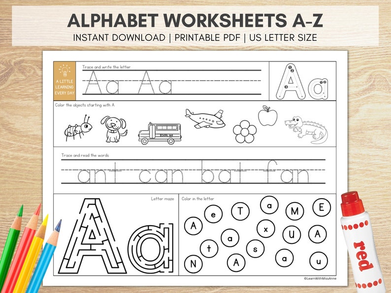 K&ouml;nnte beinhalten: Ein druckbares Arbeitsblatt zum Erlernen des Buchstabens A. Das Arbeitsblatt beinhaltet das Nachzeichnen des Buchstabens, das Ausmalen von Objekten, die mit A beginnen, das Nachzeichnen von W&ouml;rtern und ein Buchstabenlabyrinth. Das Arbeitsblatt ist f&uuml;r kleine Kinder konzipiert und zeigt eine leuchtend gelbe Sonne mit einem Gl&uuml;hbirnen-Symbol.