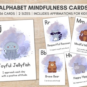 Cartes d'animaux de l'alphabet de pleine conscience, affirmations pour les enfants, cartes flash de pleine conscience préscolaire, cartes de traits de caractère, état d'esprit positif pour les enfants