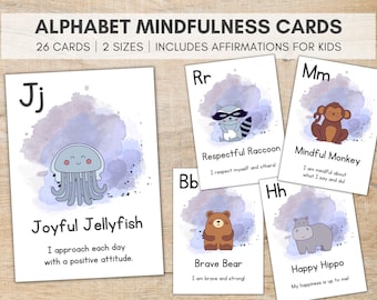 Carte animali dell'alfabeto consapevolezza, Affermazioni per bambini, Flashcard consapevolezza prescolare, Carte tratti caratteriali, Mentalità positiva per bambini