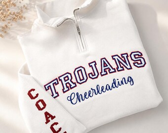 Custom Embroidered Quarter Zip Sweatshirt with Glitter Flake Sleeve | Personalized Coach & Team Spirit Pullover