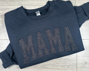 MAMA Sweatshirt Black on Black Glitter Flake  MAMA Embroidered Crewneck