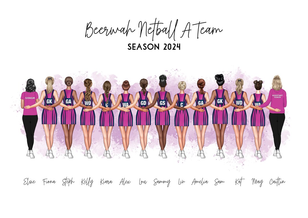 14 Person Personalised Netball Team Portrait Custom Coach Gift ...