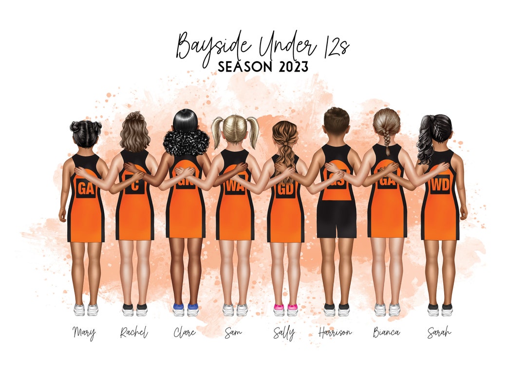 8 Person Child Personalised Netball Team Portrait Custom Coach Gift ...