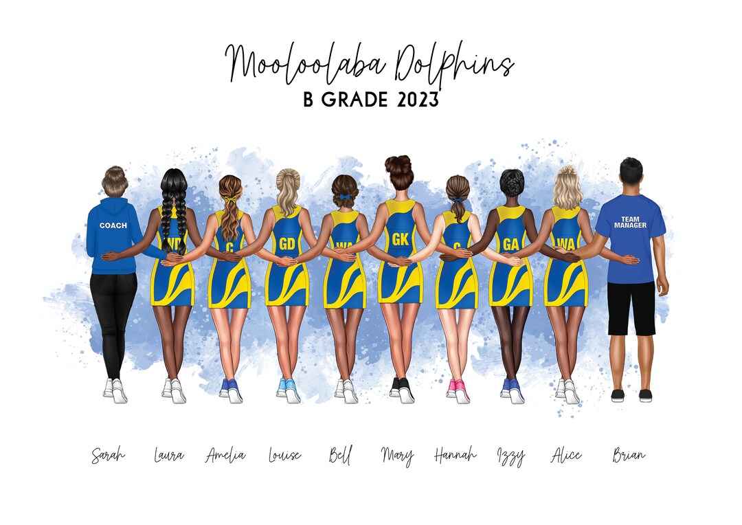 10 Person Personalised Netball Team Portrait Custom Coach Gift ...