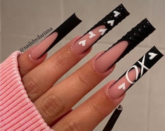 Black French Tip Heart Press On Nails| Valentines Nails| Long Nails| French Tip Nails| Heart Nails| Luxury Nails| Bling Nails