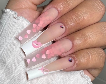 Pink and White Matte Heart French Tip Press On Nails| Valentines Nails|Long Nails|French Tip Nails|Heart Nails|Bling Nails|Pink Nails