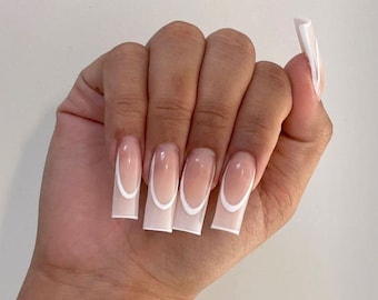 White French Tip Outline Press On Nails|Ombre Nails|Simple Nails|Luxury Nails|Bridal Nails|Nude Nails|White Nails|Neutral Nails