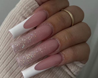 White French Tip & Glitter Ombré Glitter Press On Nails|Nude Nails|White Nails|Bridal Nails|Luxury Nails|Simple Nails|Glitter Nails