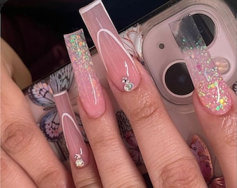 Pink French Tip Outline Glitter Ombre Press On Nails|Pink Nails|Bling Nails|French Tip Nails|Spring Nails|Luxury Nails|Glitter Nails