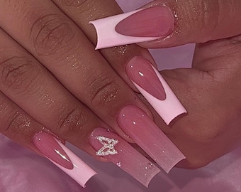 Pastel Pink French Tip 3D Butterfly Charm Press On Nails|Summer Nails|Butterfly Nails|Spring Nails|Bling Nails|Luxury Nails|Pink Nails