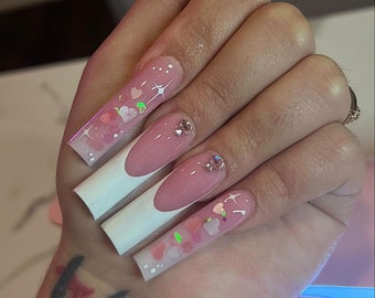 Pink and White Heart French Tip Press On Nails| Valentines Nails|Long Nails|French Tip Nails|Heart Nails|Bling Nails|Pink Nails|Star Nails