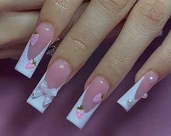 White & Pink Berry Pearl French Tip Nails|Bling Nails|Pink Nails|Berry Nails|Glitter Nails|Heart Nails|Valentine Nails|Red Nails|Glam Nails