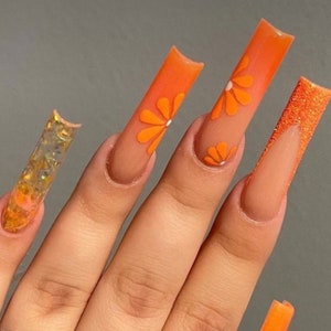 Orange Glitter Floral French Tip Press On Nails|Nude Nails|Ombre Nails|French Tip Nails|Spring Nails|Luxury Nails|Glitter Nails|Summer Nails