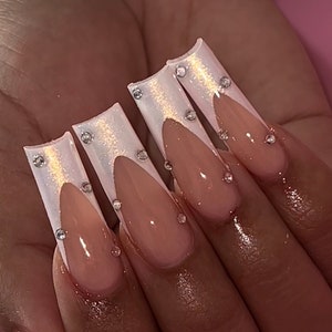 Pearl White French Tip and Rhinestone Press On Nails| Chrome Nails| Long Nails| French Tip Nails| Pearl Nails| Luxury Nails| Bling Nails